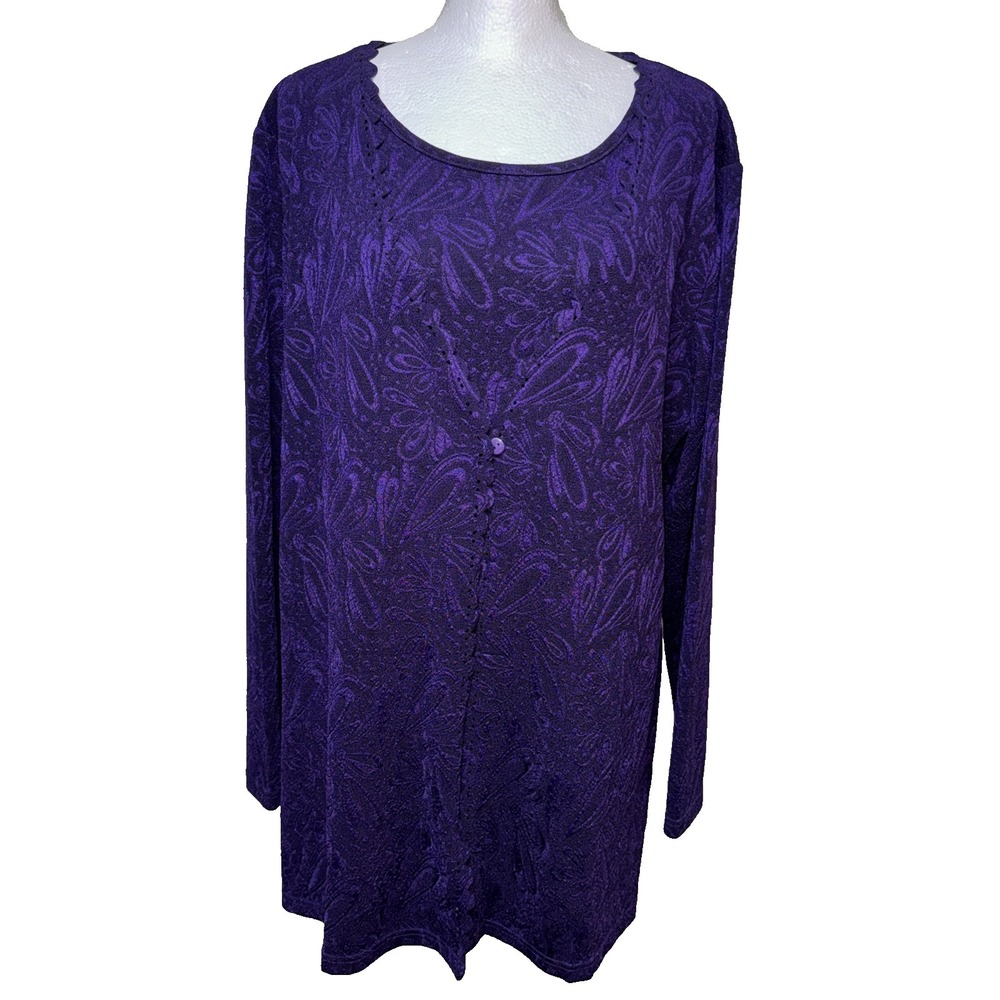 Creation XXL Purple Black Paisley Art To Wear Faux Twinset Boho Soft Stretch